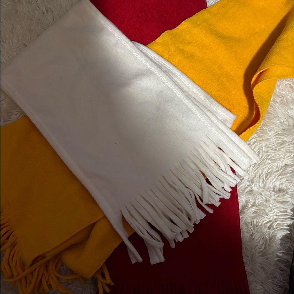 Elegant White, Red, and Yellow Fringed Scarf